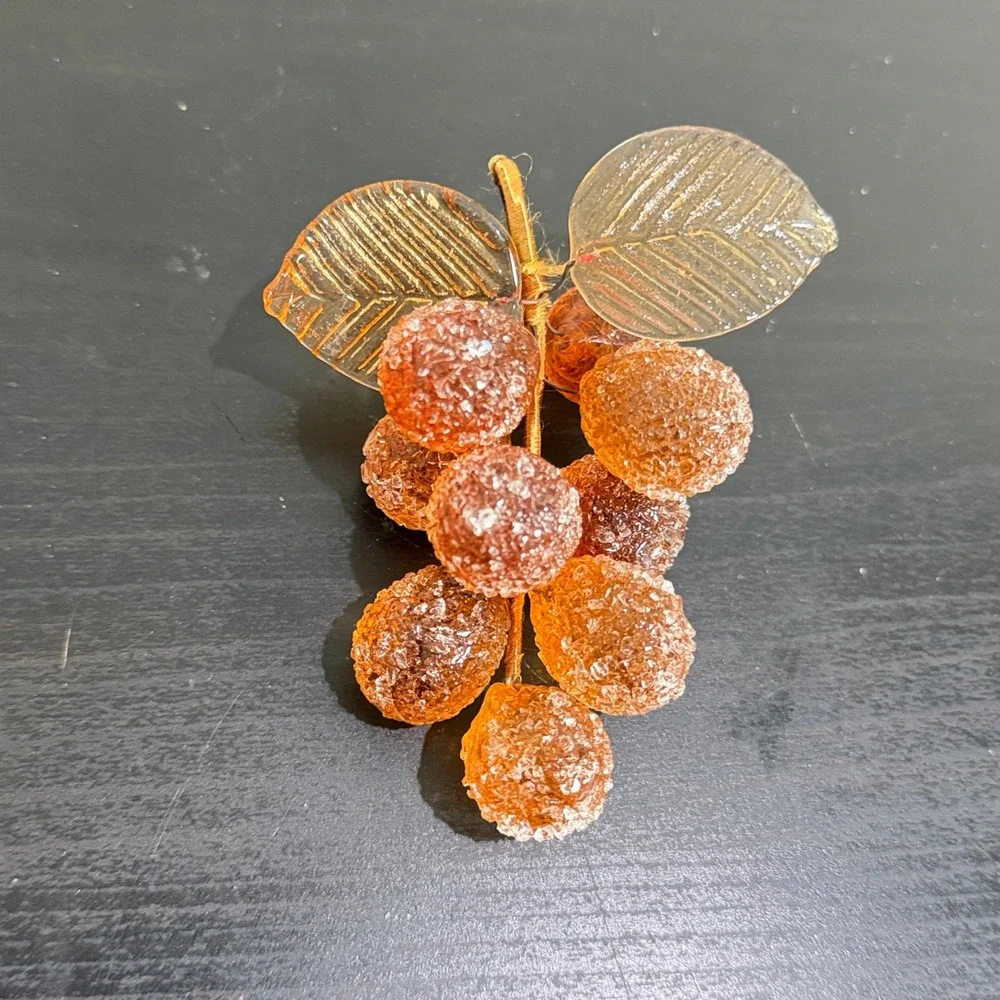 Vintage Sugared Acrylic Grapes Amber Faux Fruit Mid Century Decor Cluster Small